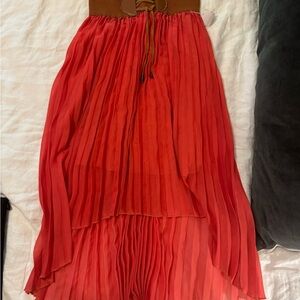 Chic Coral A-Line Skirt with Brown Waistband